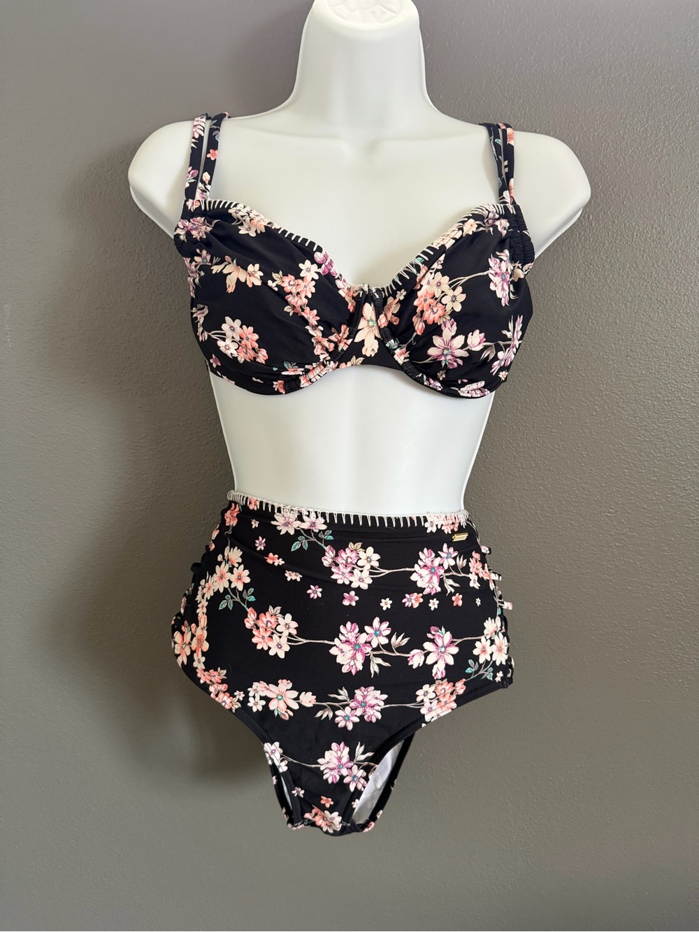 Sunseeker Floral Two-Piece Bikini Set in Black with Pink & Cream Accents